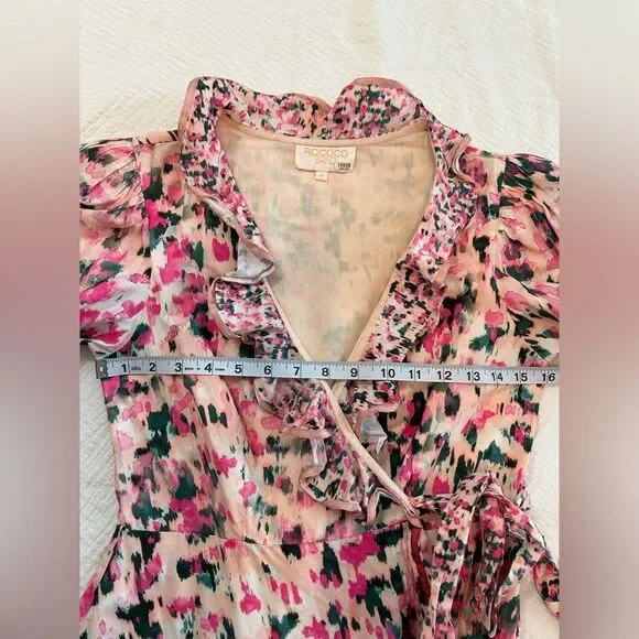Rococo Sand Mimi Wrap Pink Dress Long Ruffle Puff Sleeve Size Medium - Picture 12 of 13